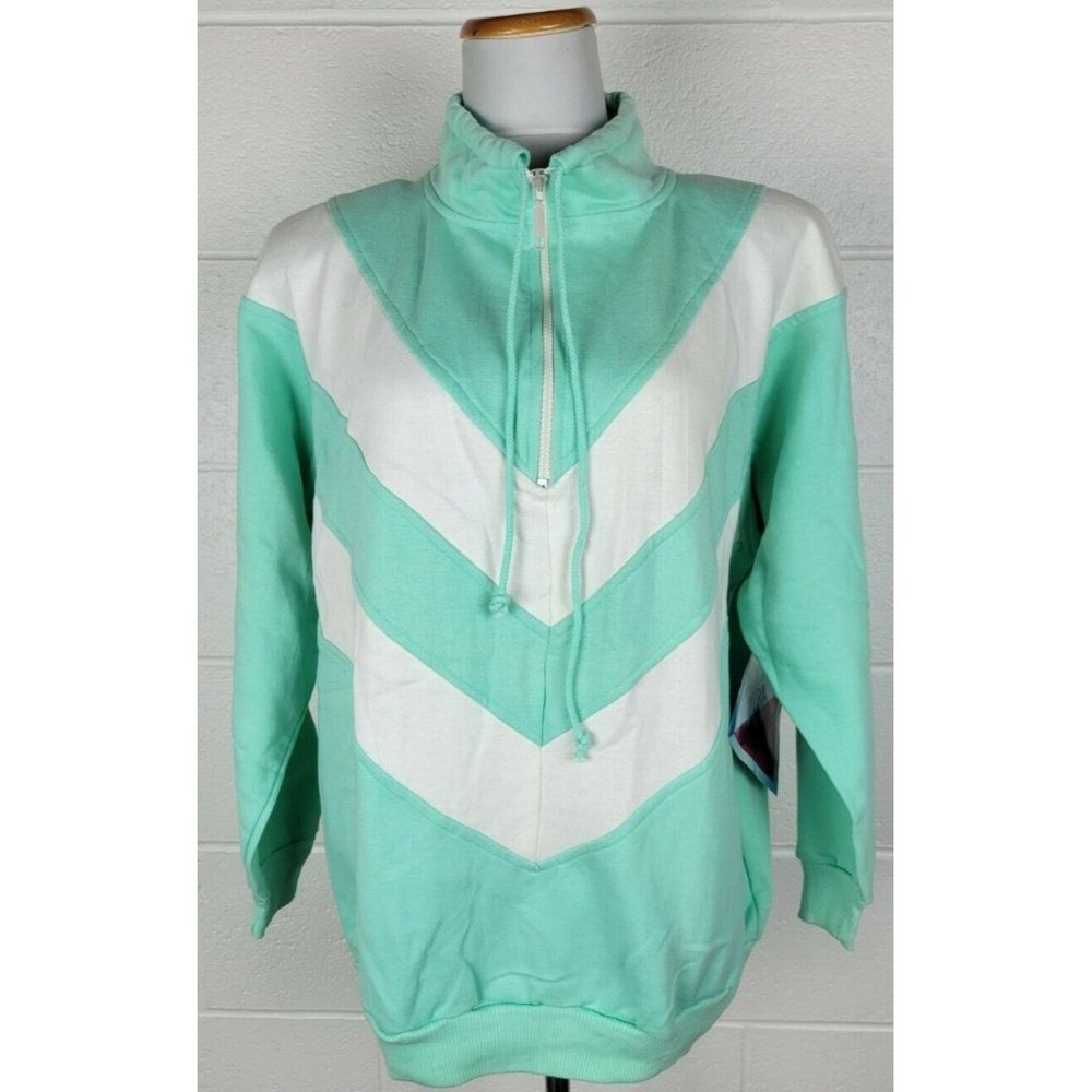 Vintage NWT‎ 80s Justin Allen Xtra Aqua Blue Chevron 1/4 Zip Sweatshirt 38 / 18